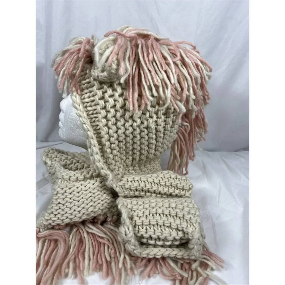 Girl's Crochet Hooded Scarf with‎ Ears/Mane/ Pink/Cream with Pockets